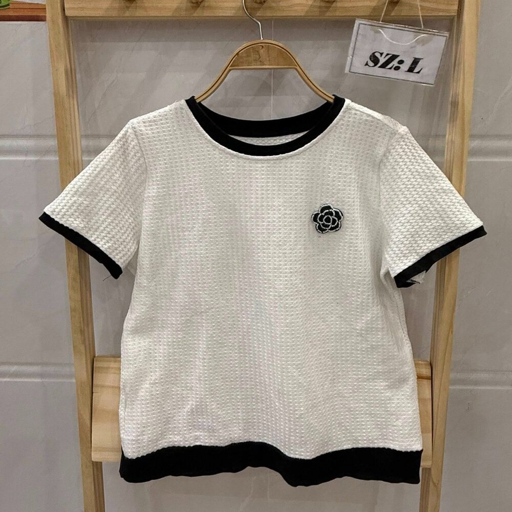 White Black Trim Camellia Flower Waffle Knit Top Chanel Style Soft Tee 🖤